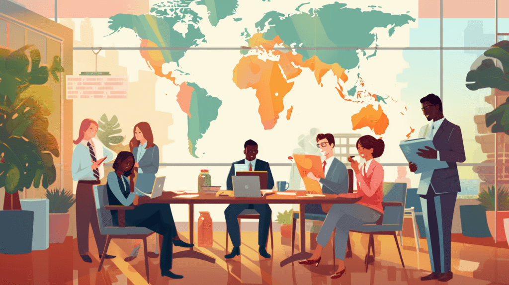 A group of diverse office workers in front of a global map.